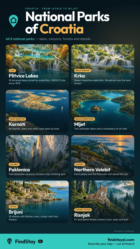 National Parks of Croatia — all 8 parks: Plitvice, Krka, Kornati, Mljet, Paklenica, Northern Velebit, Brijuni and Risnjak (FindStayAI infographic)