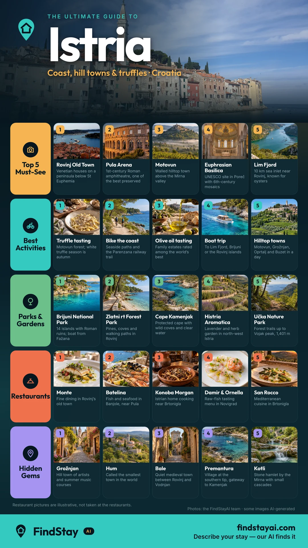 The Ultimate Guide to Istria — must-see places, activities, parks, restaurants and hidden gems (FindStayAI infographic)